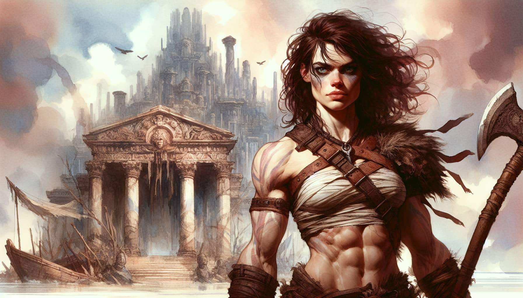 A warrior with a muscular build stands confidently, holding an axe, reminiscent of a character from a Dungeons & Dragons campaign. Theyre wearing primitive armor with fur accents. Behind them, an ancient temple with columns and an imposing stone structure looms under a cloudy sky as birds fly above.