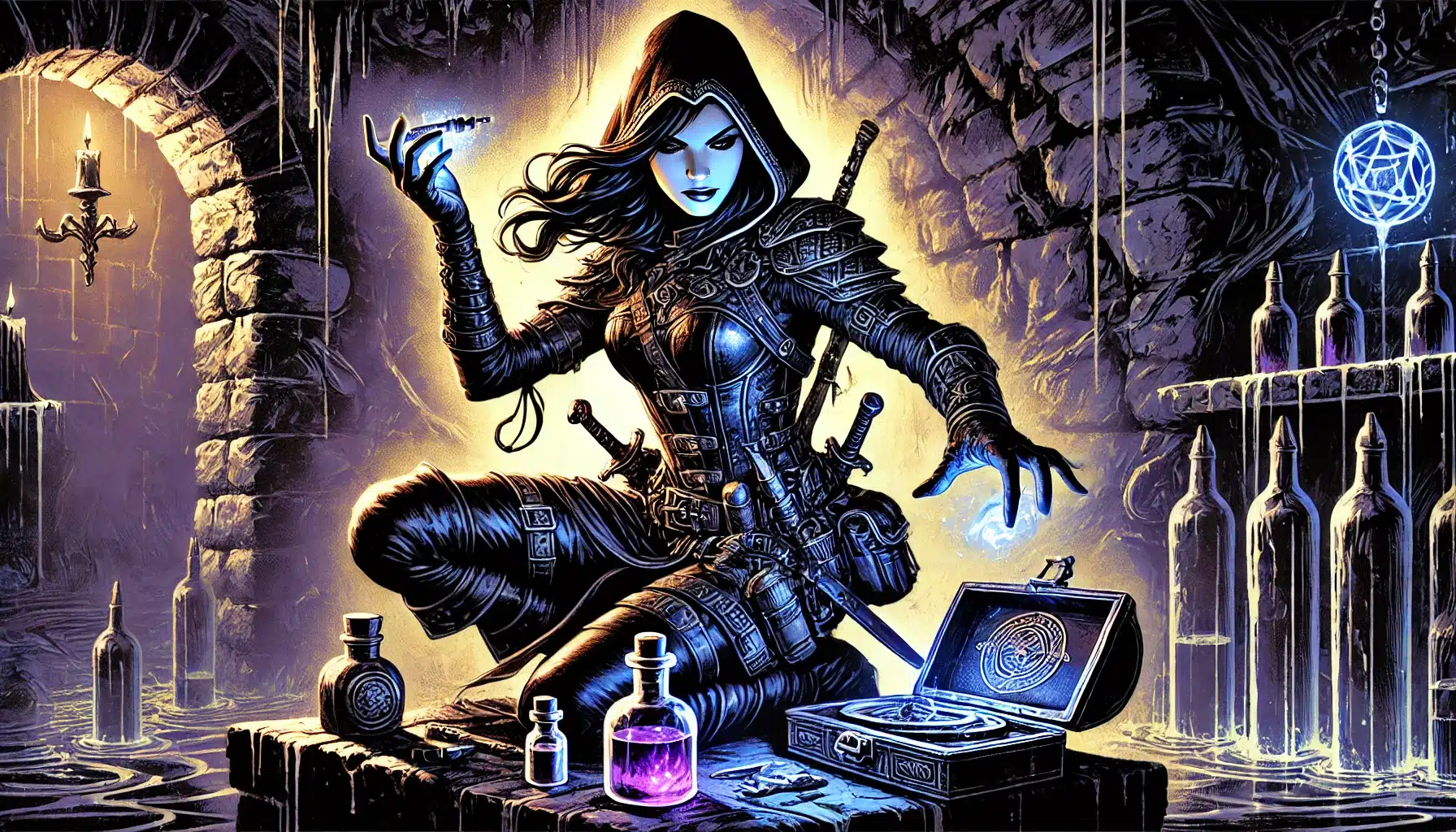 In a dark, magical chamber, a mysterious, armored woman kneels. Cloaked in shadows, she clutches a glowing vial amidst potion bottles and a spellbook. Candles flicker as enchanted symbols glow on the walls—a scene worthy of any epic Dungeons & Dragons or Pathfinder RPG adventure.