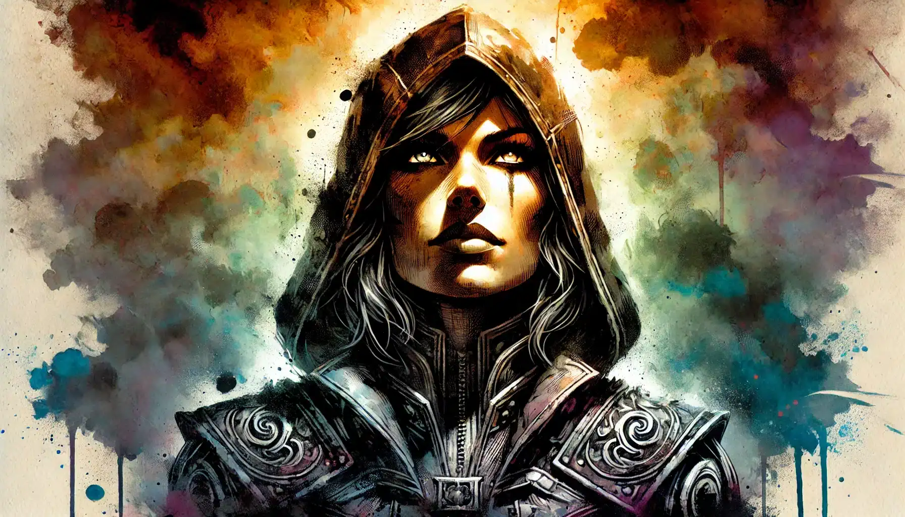 A fantasy-themed illustration of a person in a detailed hooded cloak, reminiscent of a DND character, surrounded by vibrant splashes of color. They have an intense expression, with light illuminating their face and intricate designs on their armor.