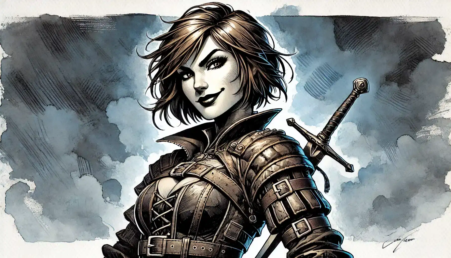 A female warrior with short hair, clad in leather armor with buckles and laces, stands confidently as if ready for a DND adventure. Her sword is strapped to her back. The background resembles a cloudy watercolor tapestry in shades of blue and gray, setting the perfect scene for a ttrpg fantasy.