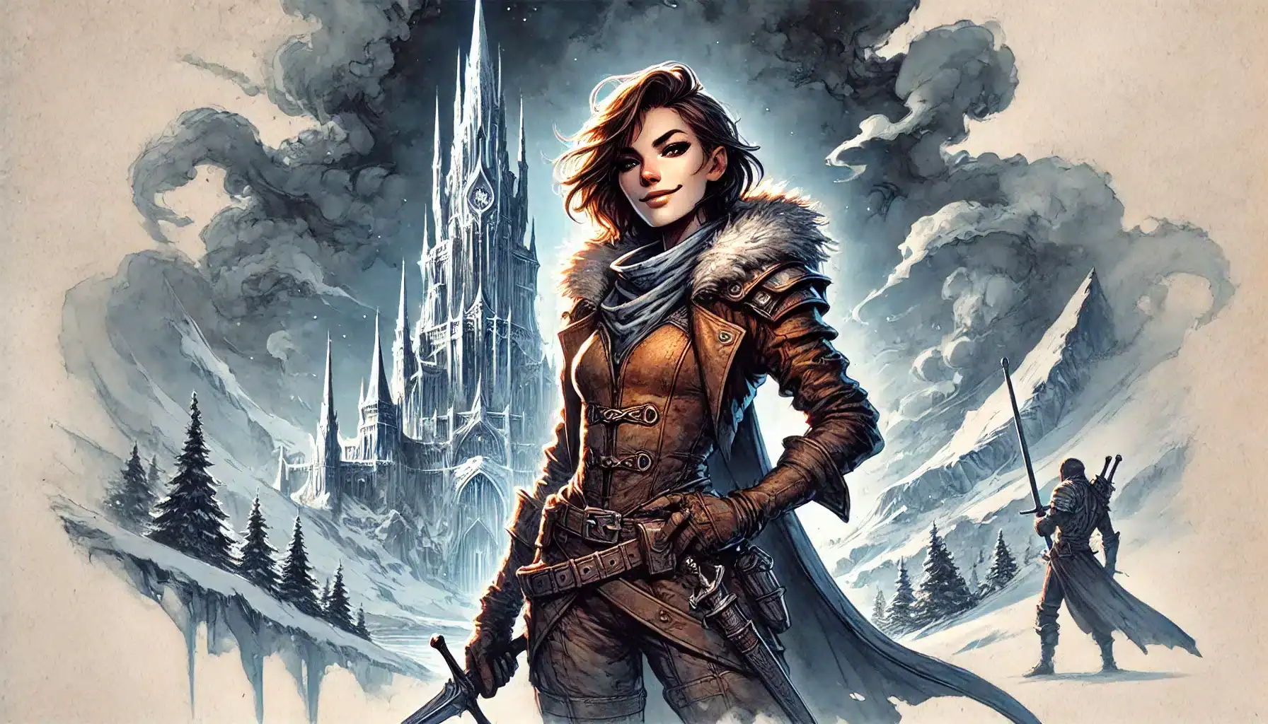 Illustration of a woman in a fur-collared leather outfit holding a sword amidst a snowy landscape, reminiscent of a Dungeons & Dragons campaign. A distant, towering ice castle rises behind, with another figure approaching in the background, clad in similar attire.