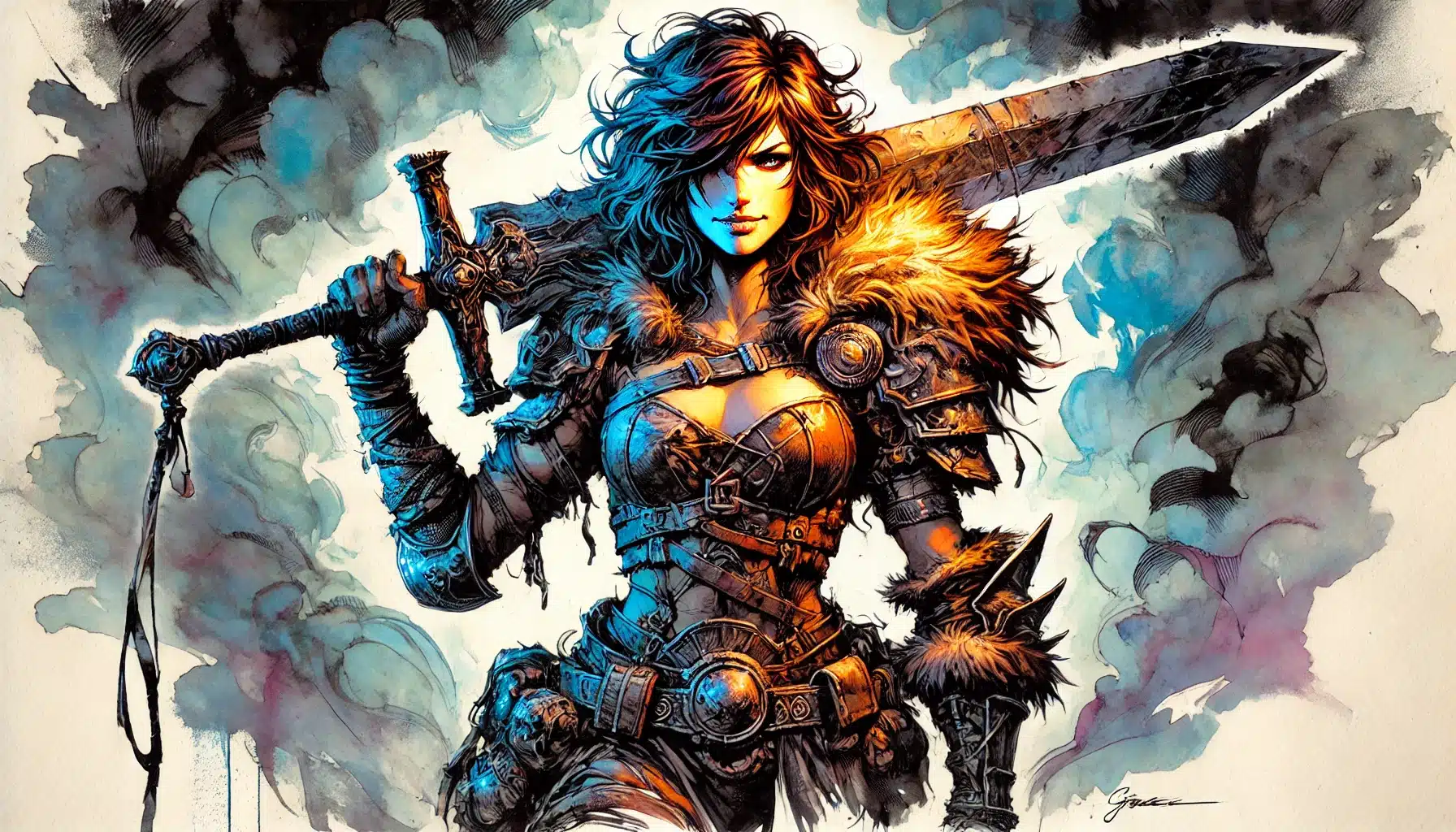 A fierce female warrior with wild hair holds a large sword over her shoulder, ready for any DND adventure. She wears leather and fur armor, standing confidently amid swirling smoke or mist, with a vibrant, fiery glow highlighting her form.