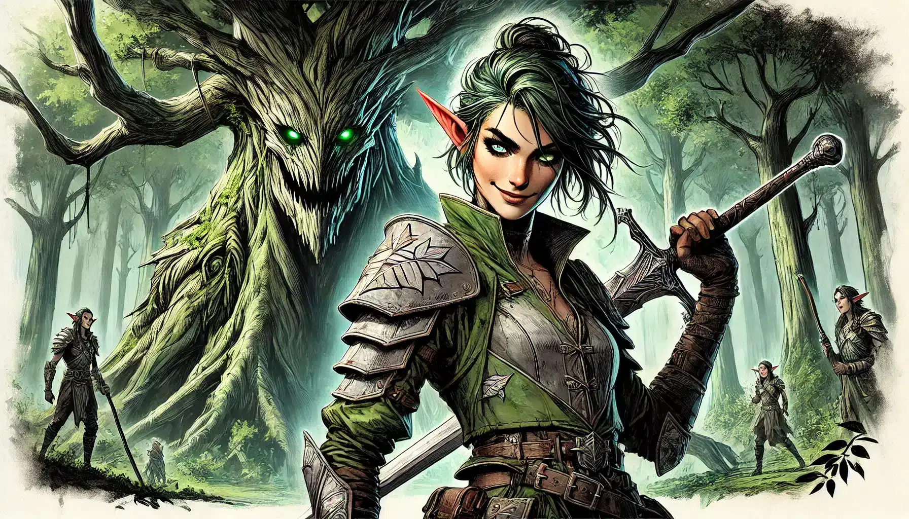 A confident elf with green hair and red ears, wearing armor, wields a sword in a mystical forest reminiscent of a classic Dungeons & Dragons realm. A large, menacing tree creature with glowing eyes looms behind her as other elves stand vigilant in the background among the trees.