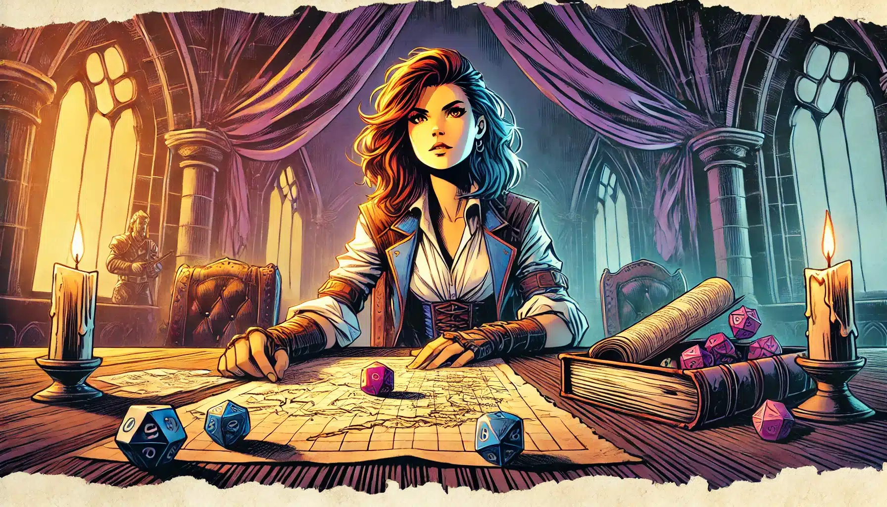 A woman with long hair sits confidently at a table with a map and dice, surrounded by books and lit candles. The dimly lit room, reminiscent of a medieval fantasy setting, has arched windows and draped curtains, crafting an enchanting atmosphere perfect for an epic tabletop RPG adventure.