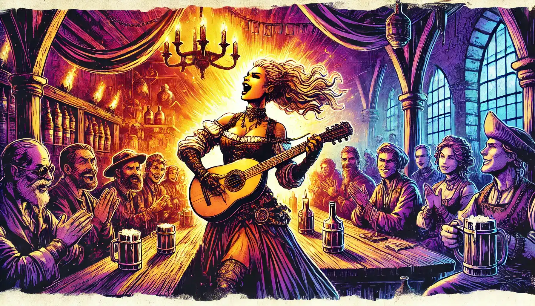 In a vibrant tavern scene reminiscent of a bustling Dungeons & Dragons campaign, a woman in historical attire plays her guitar atop a table. Shes surrounded by clapping patrons, with dramatic lighting and colorful details enhancing the lively atmosphere.