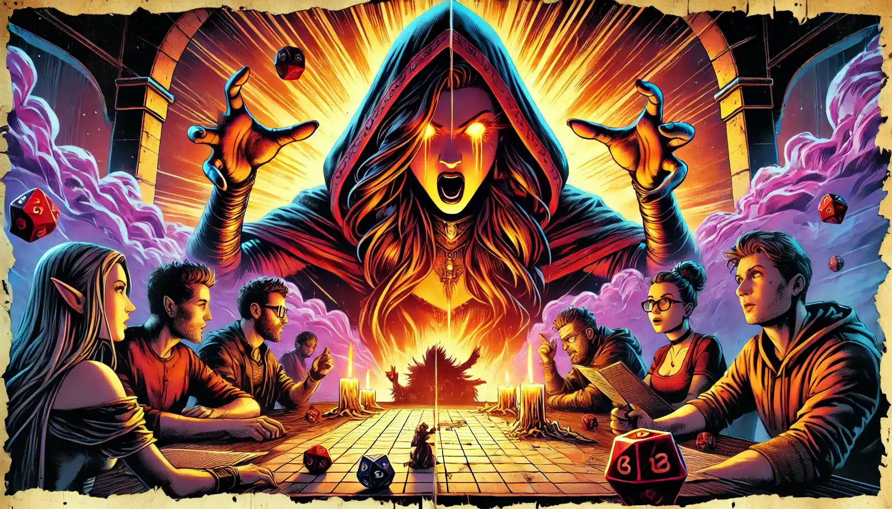 A group of people engage in a tabletop RPG, immersed in the world of Dungeons & Dragons. A mystical figure with glowing eyes looms over the game board, surrounded by vibrant light. Dice and candles are on the table, adding to the dramatic atmosphere.