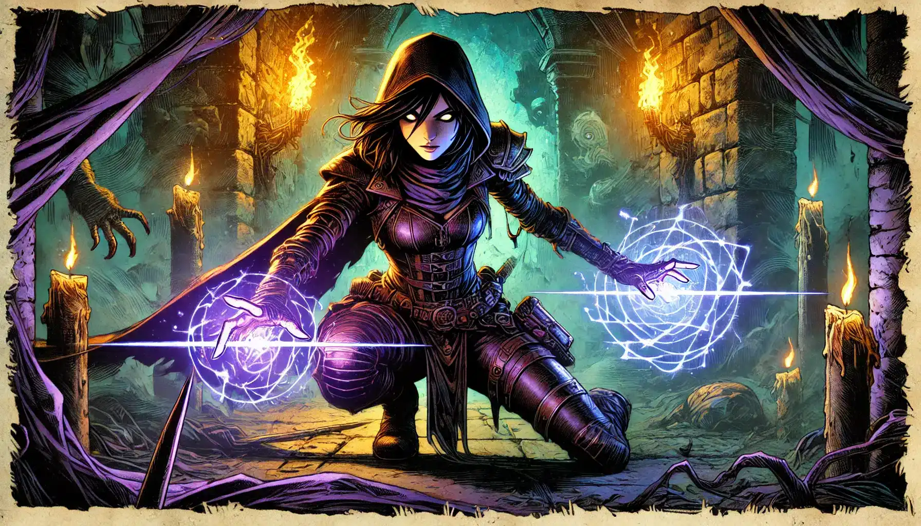 A hooded figure kneels in a dark, mystical dungeon, casting glowing purple spells while immersed in their DND adventure. The background, lit by torches and candles against stone walls, reveals a mysterious shadowy figure watching from the distance.