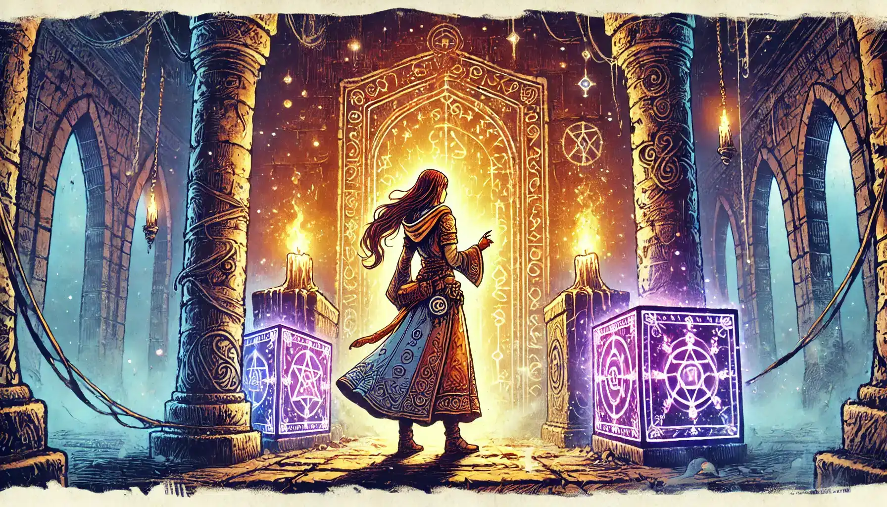 A person in a long robe with intricate designs stands before a glowing, ornate door. The scene is illuminated by large, mystical symbols on surrounding pillars and glowing cubes, evoking the enchanting world of a fantasy tabletop RPG.