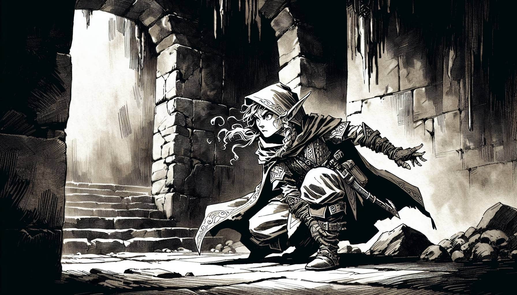 A stealthy elf crouches in a dimly lit stone dungeon, wearing a detailed hooded cloak. She peers cautiously around the corner, with stone stairs in the background and tendrils of hair escaping her hood.