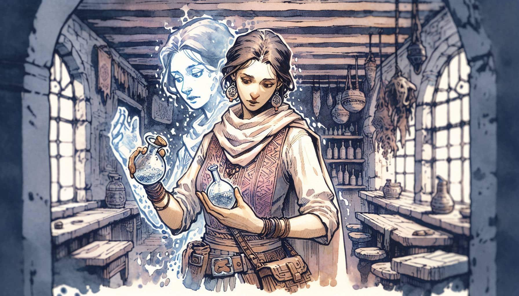 In a medieval apothecary, a woman with a scarf and vest holds bizarre potions, her actions mirrored by a glowing ethereal figure. Shelves packed with bottles and pottery bask in the light from large windows, revealing the side effects of her DND-inspired concoctions.