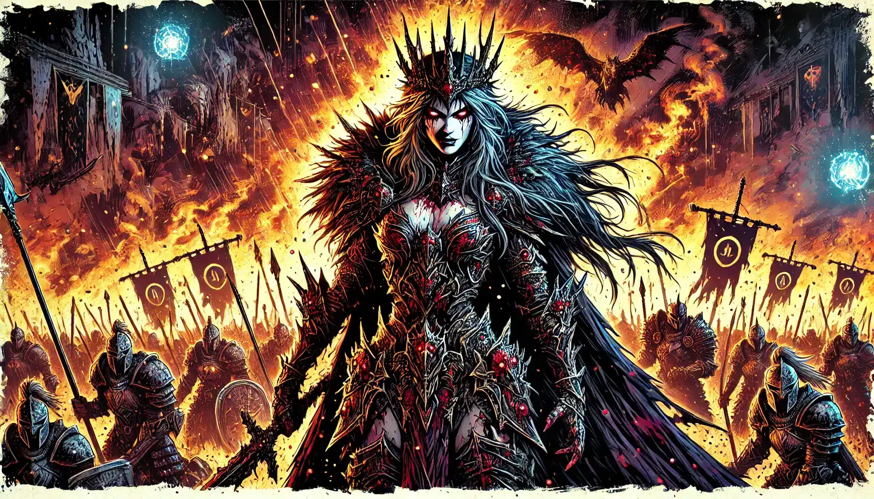 Amidst roaring flames, a powerful figure in dark, ornate armor commands attention in this fantasy scene. Wearing a spiky crown, she exudes authority with her flowing hair in the fiery backdrop, surrounded by armored soldiers and flying creatures—perfect for any Pathfinder RPG or ttrpg adventure.