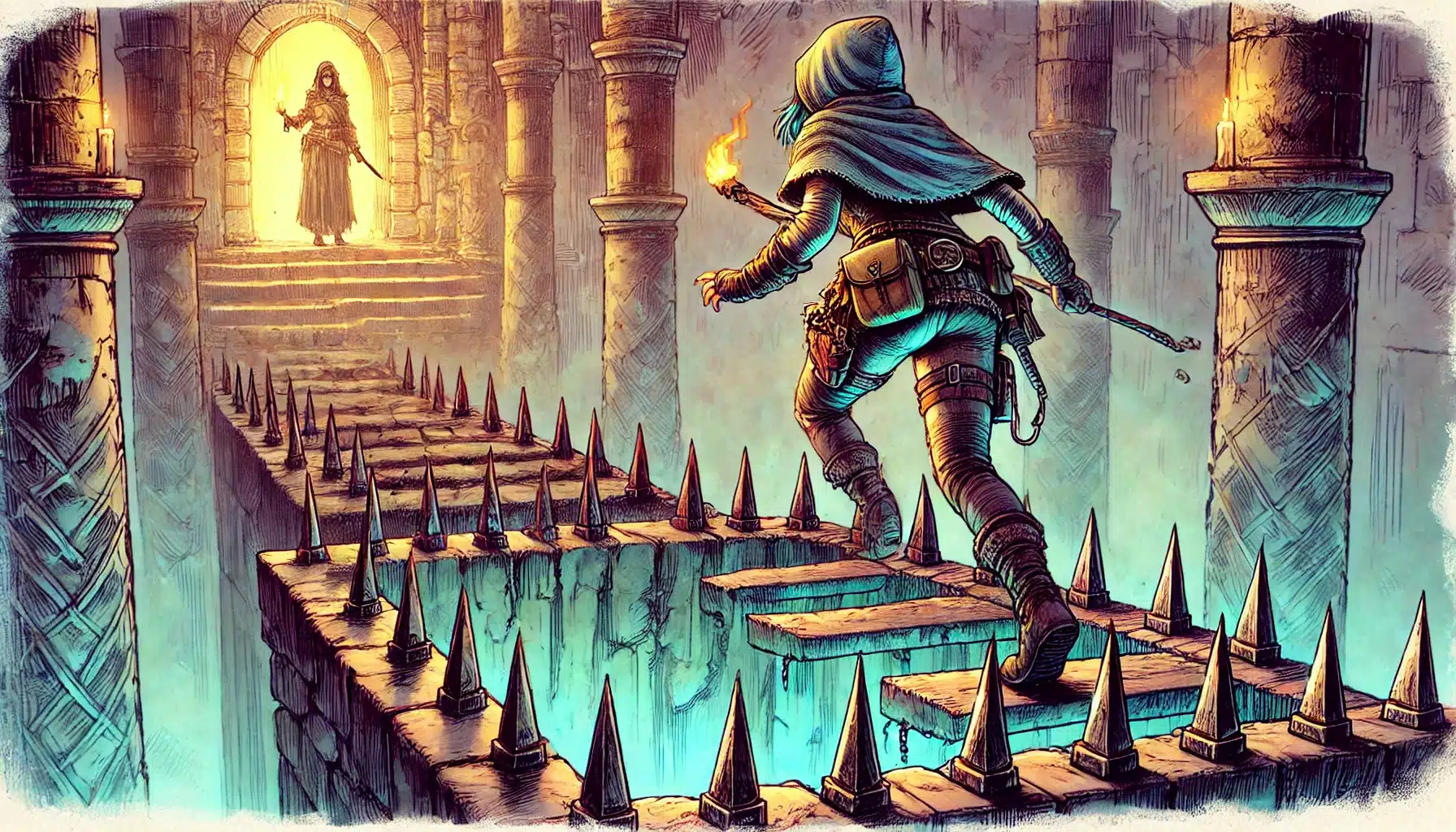 A hooded adventurer cautiously crosses a narrow bridge over a spiked pit inside a stone dungeon, reminiscent of a Dungeons & Dragons quest. They hold a torch and a staff as a mysterious figure stands in a glowing archway across from them, adding to the suspense.