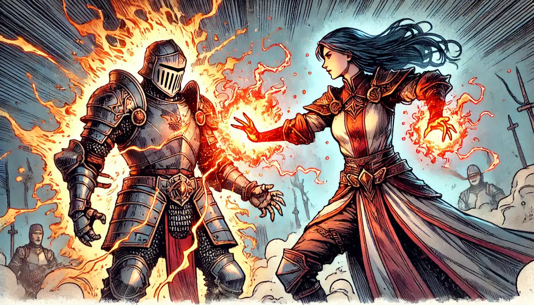 In a scene worthy of Dungeons & Dragons, a female mage in a flowing gown casts a fiery spell at a heavily armored knight engulfed in flames. The intense clash of sparks and energy contrasts against the medieval backdrop, capturing the essence of tabletop RPG adventures.