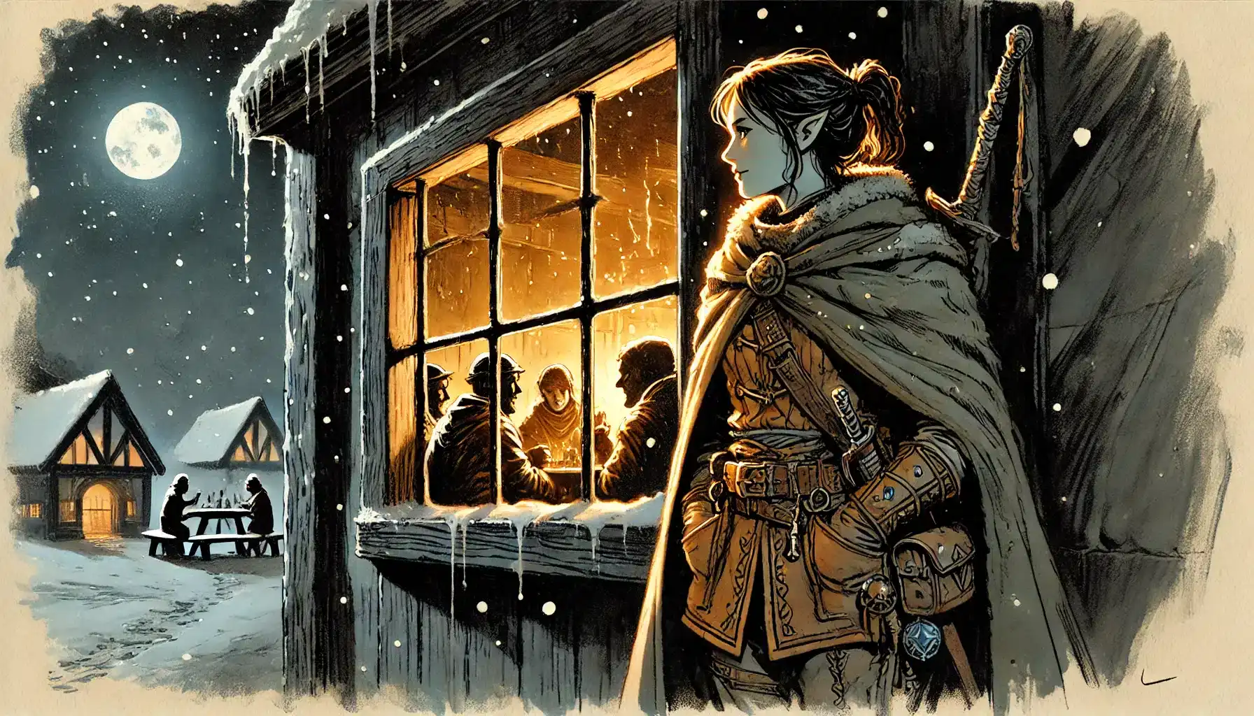 A lone adventurer in a cloak, resembling a Wilderness Warrior, stands outside a warm, glowing tavern, peering through the window. Inside, people gather around a table. Snow falls gently as the full moon casts its light on the village, creating an enchanting backdrop for this Ranger Class guide tale.