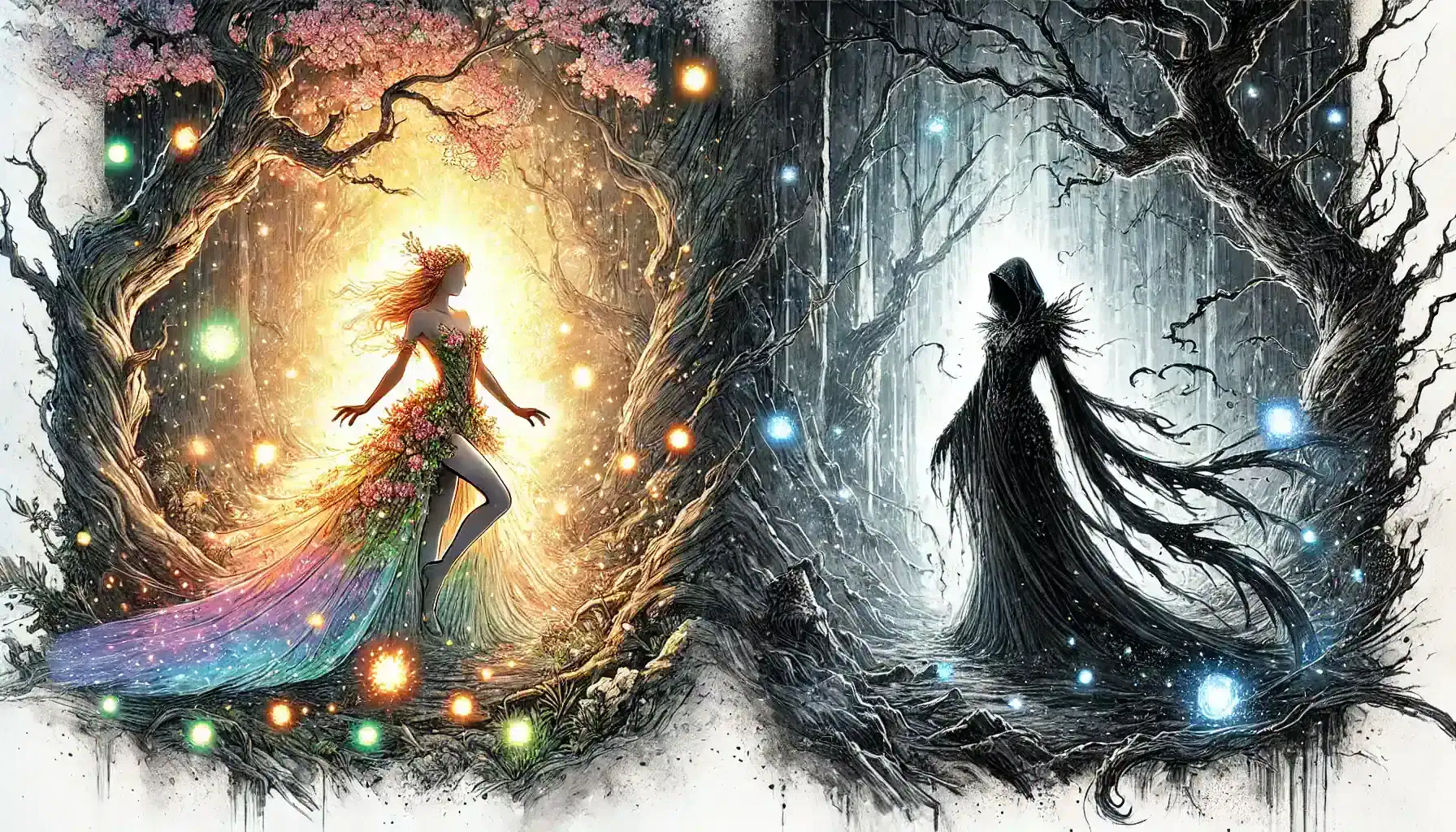 A vibrant scene unfolds with a radiant figure adorned in flowers on the left, surrounded by colorful orbs, reminiscent of the Feywilds magic. On the right, a dark, cloaked figure stands amidst an eerie forest, evoking Shadowfells muted tones and faintly glowing orbs.
