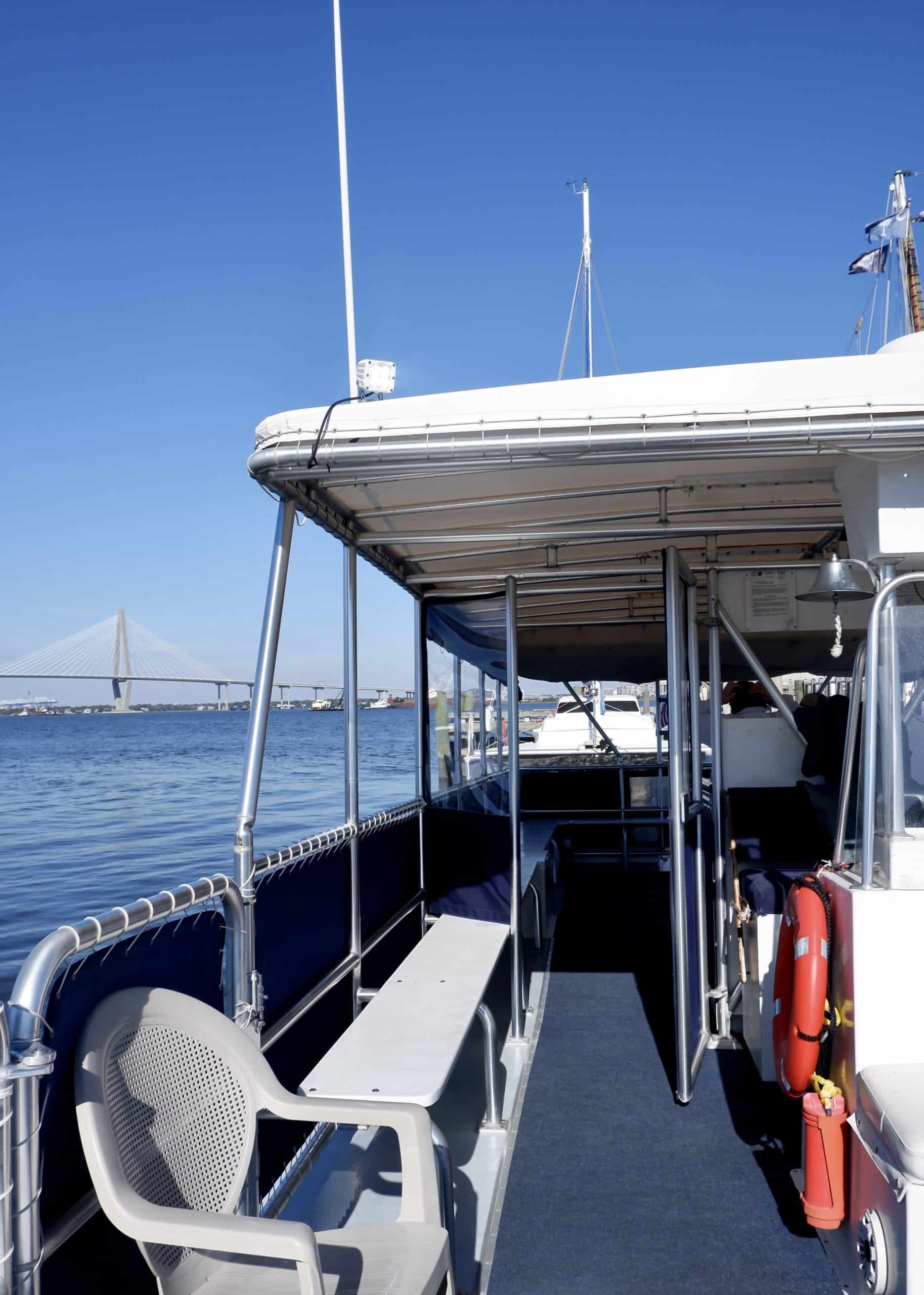 Empty boat parked, ready for its next tour group. Boat charter Charleston, SC