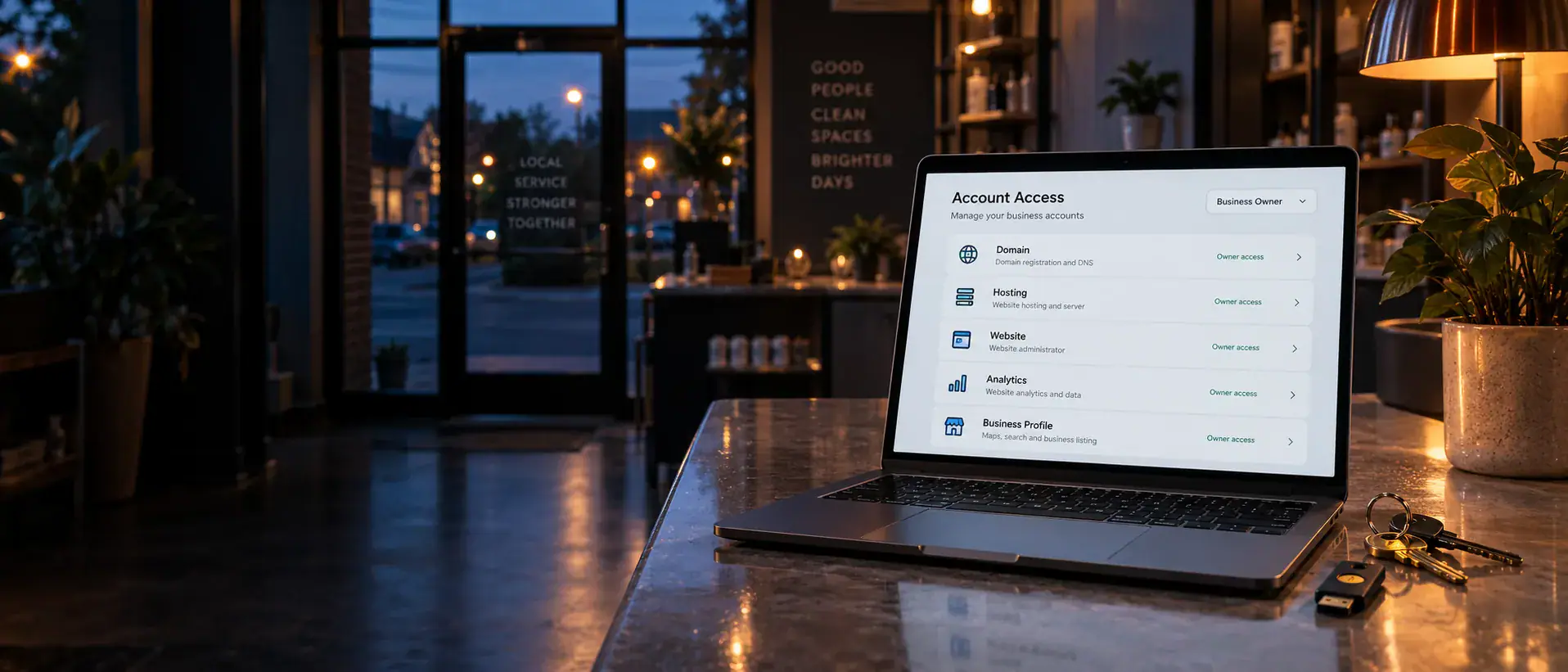 Business owner access to domain, hosting, website, analytics, and local profile accounts