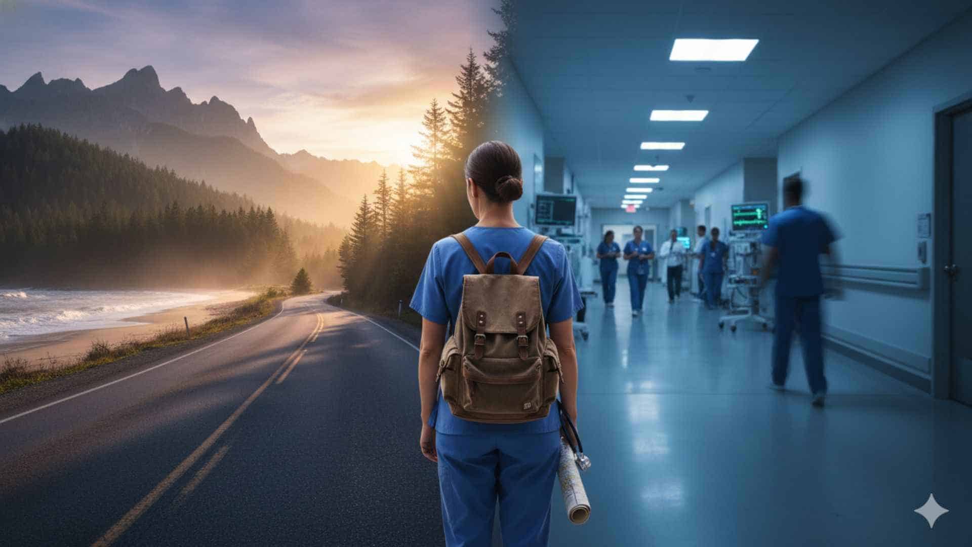 A travel nurse standing at a crossroads between a peaceful rural landscape and a busy hospital corridor, symbolizing career balance and stability through internal travel nursing contracts.