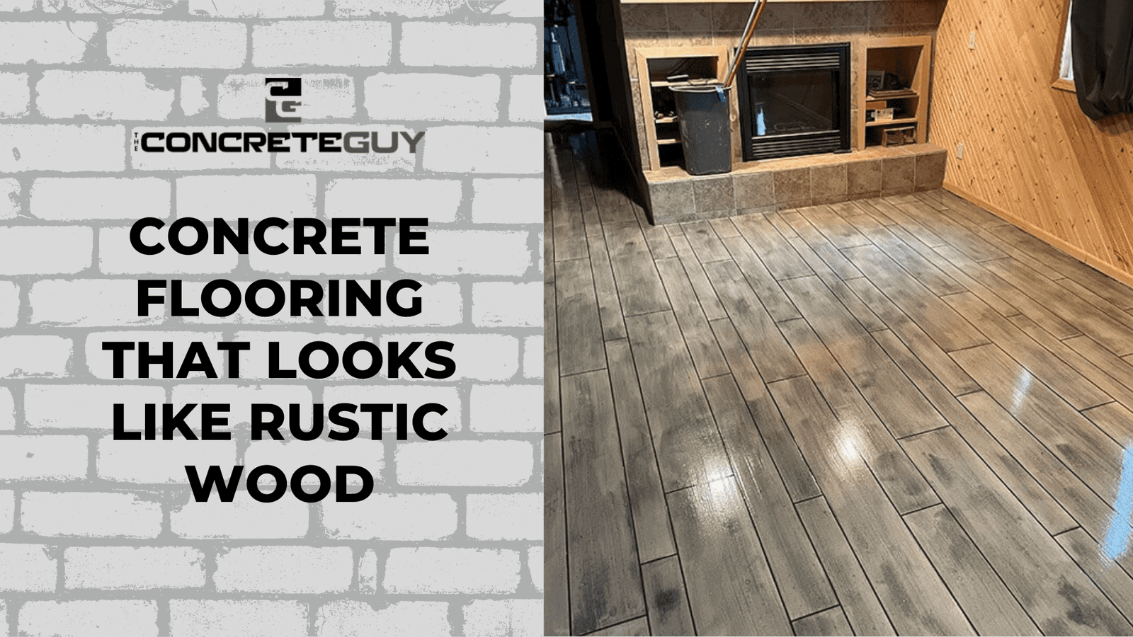 Concrete flooring with a rustic wood appearance in a cozy interior, showcasing a modern fireplace and wood paneling, ideal for a Minnesota concrete contractor website.