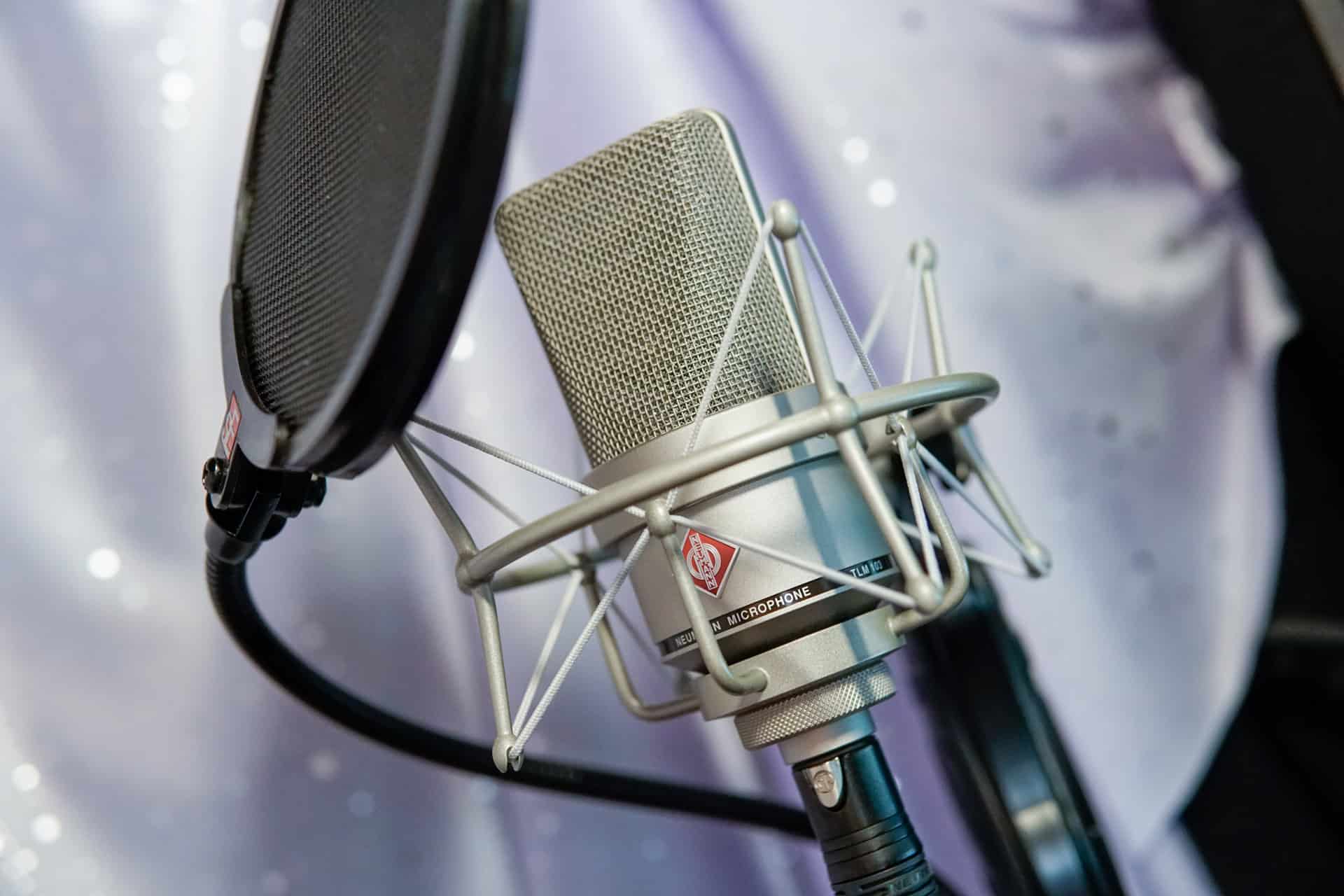 Nina's broadcast quality remote voice over recording studio in Melbourne Australia includes Neumann TLM 103 microphone with pop filter
