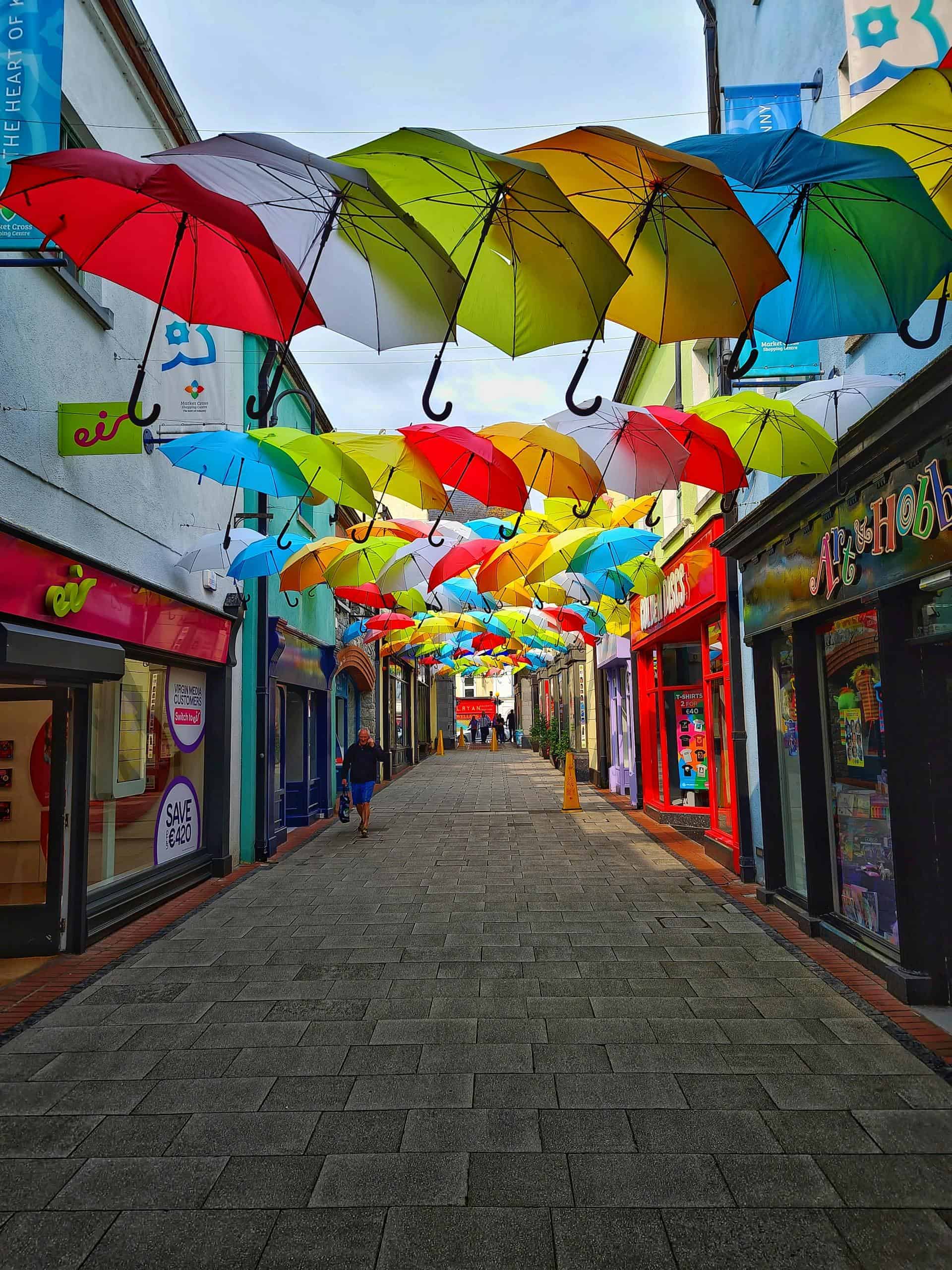 Multicolored Umbrellas Hanging over a Pedestrian Street, Market Cross Shopping Center, Kilkenny, Ireland