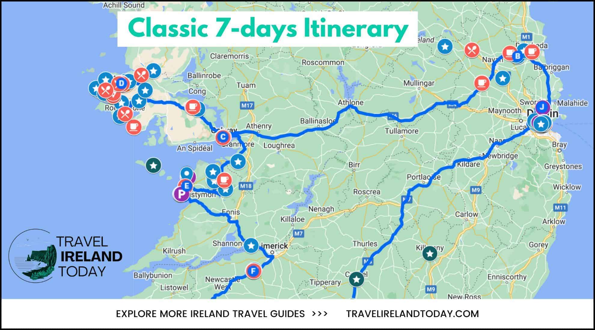 This image is a travel map titled "Classic 7-days Itinerary" for Ireland, provided by "Travel Ireland Today." It features a highlighted route starting and ending in Dublin, passing through major regions like Galway, Limerick, and Kilkenny. The map is marked with icons indicating points of interest, such as dining spots (red utensils), coffee shops (red coffee cups), accommodations (blue stars), and parking areas (purple "P"). The bottom of the image encourages viewers to explore more Ireland travel guides at TRAVELIRELANDTODAY.COM.