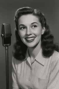 Janet Waldo in a 1950s studio portrait, smiling with a microphone in the background.