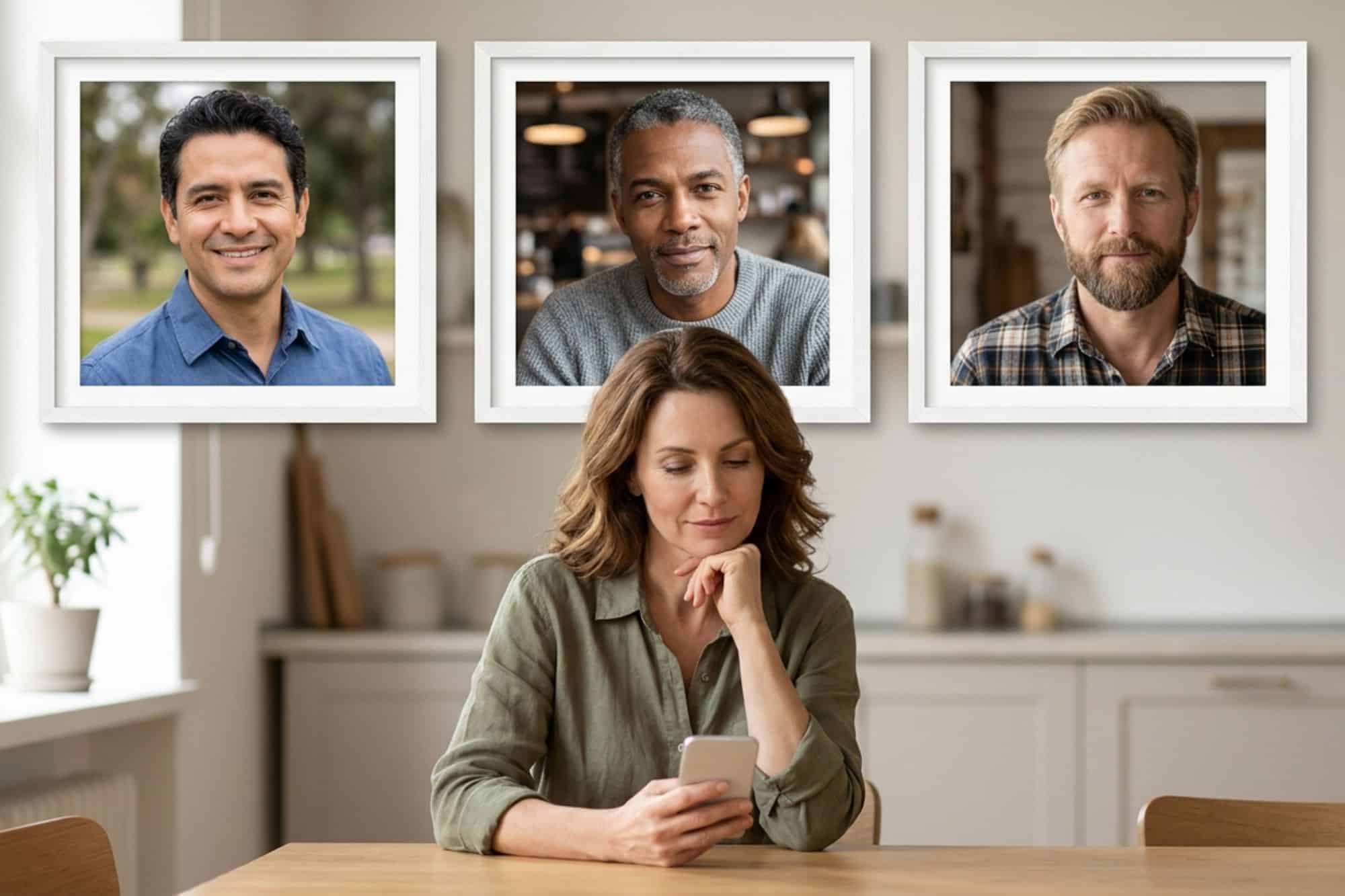 Woman looking through her dating roster and considering which man might be her Mr. Right