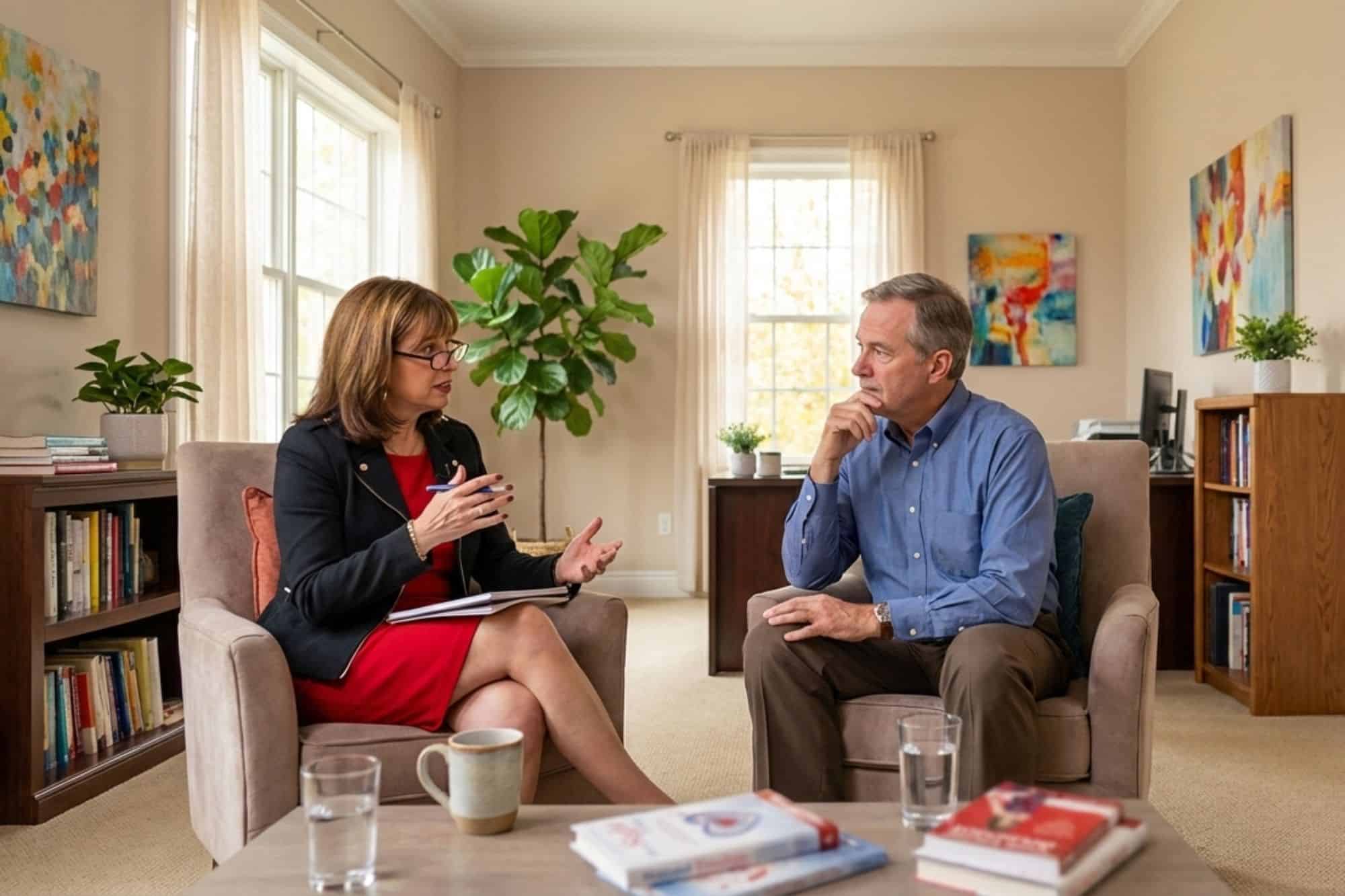 A man who and his dating coach, Amy Schoen, whom he has hired, meeting together.