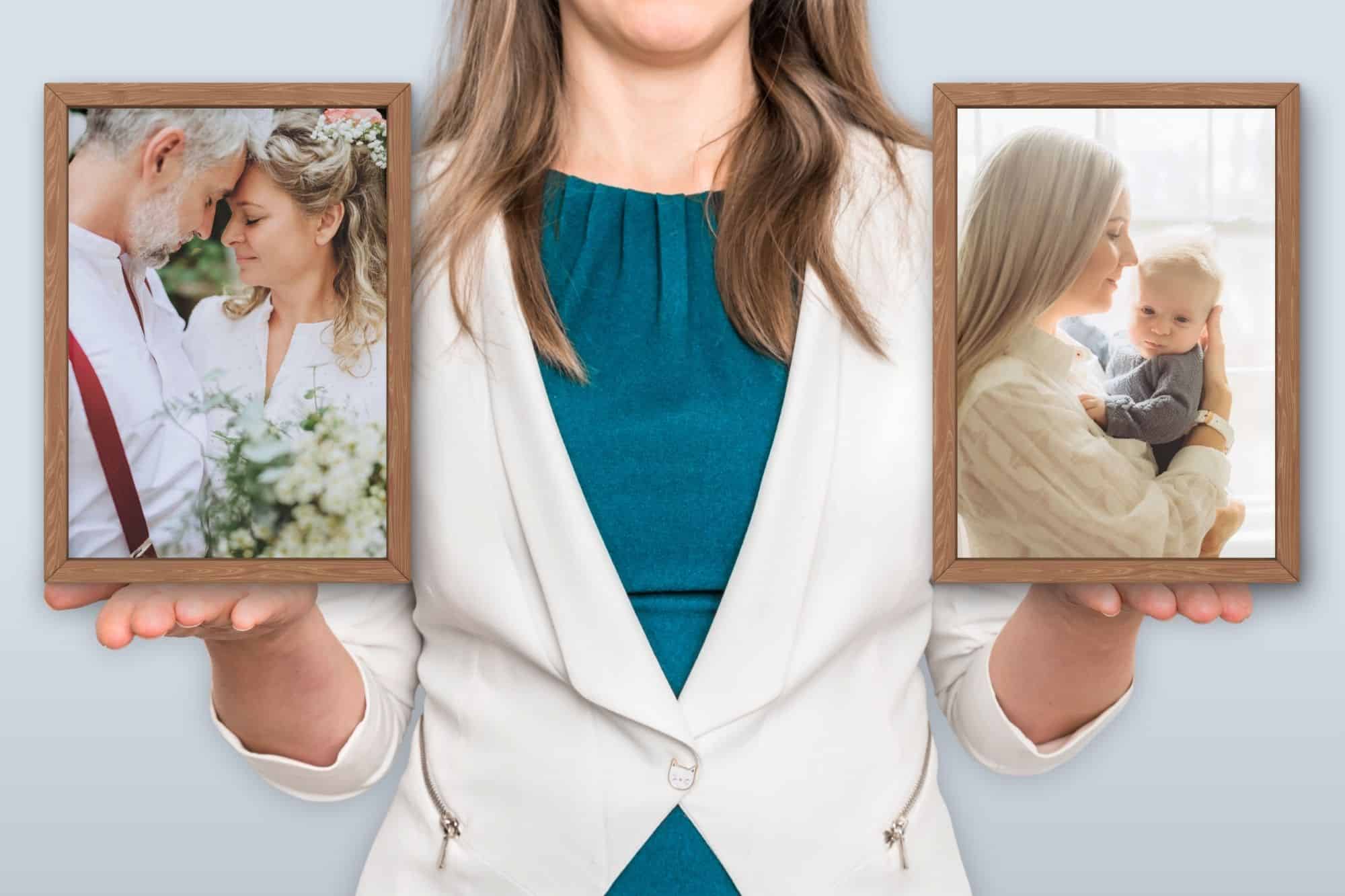 A single woman at 40, looking at two images and trying to decide between focusing on finding love or becoming a single parent by choice.