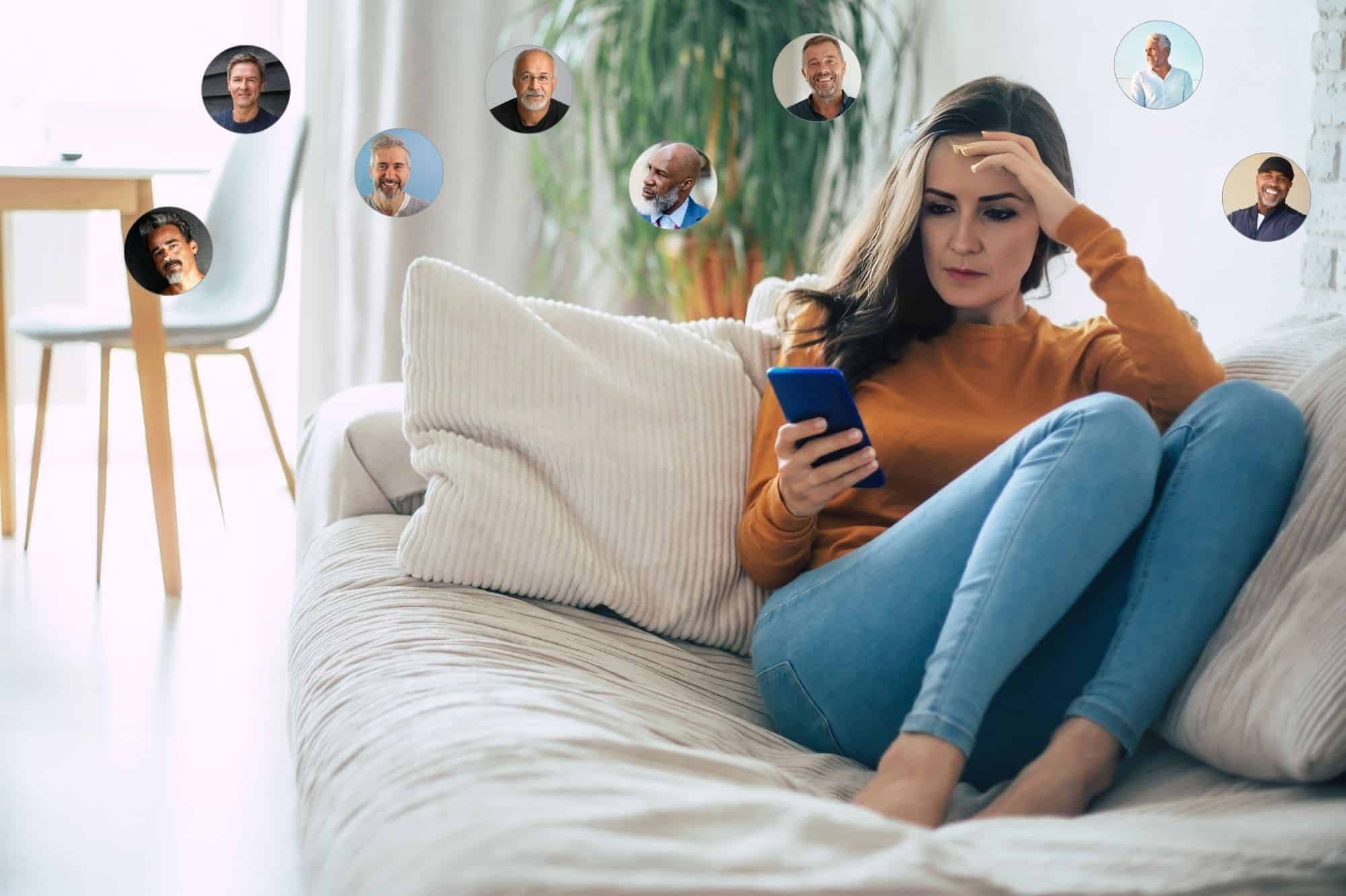 Woman on her couch looking worried as she is overwhelmed by too many online dating matches and reconsidering her online dating strategies.