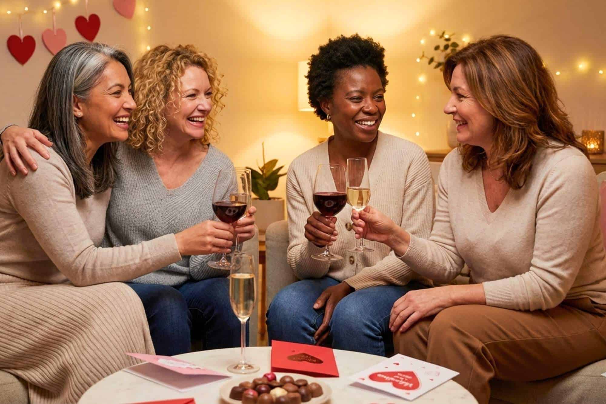 Group of four diverse, middle-aged women celebrating being single on Valentine's Day.