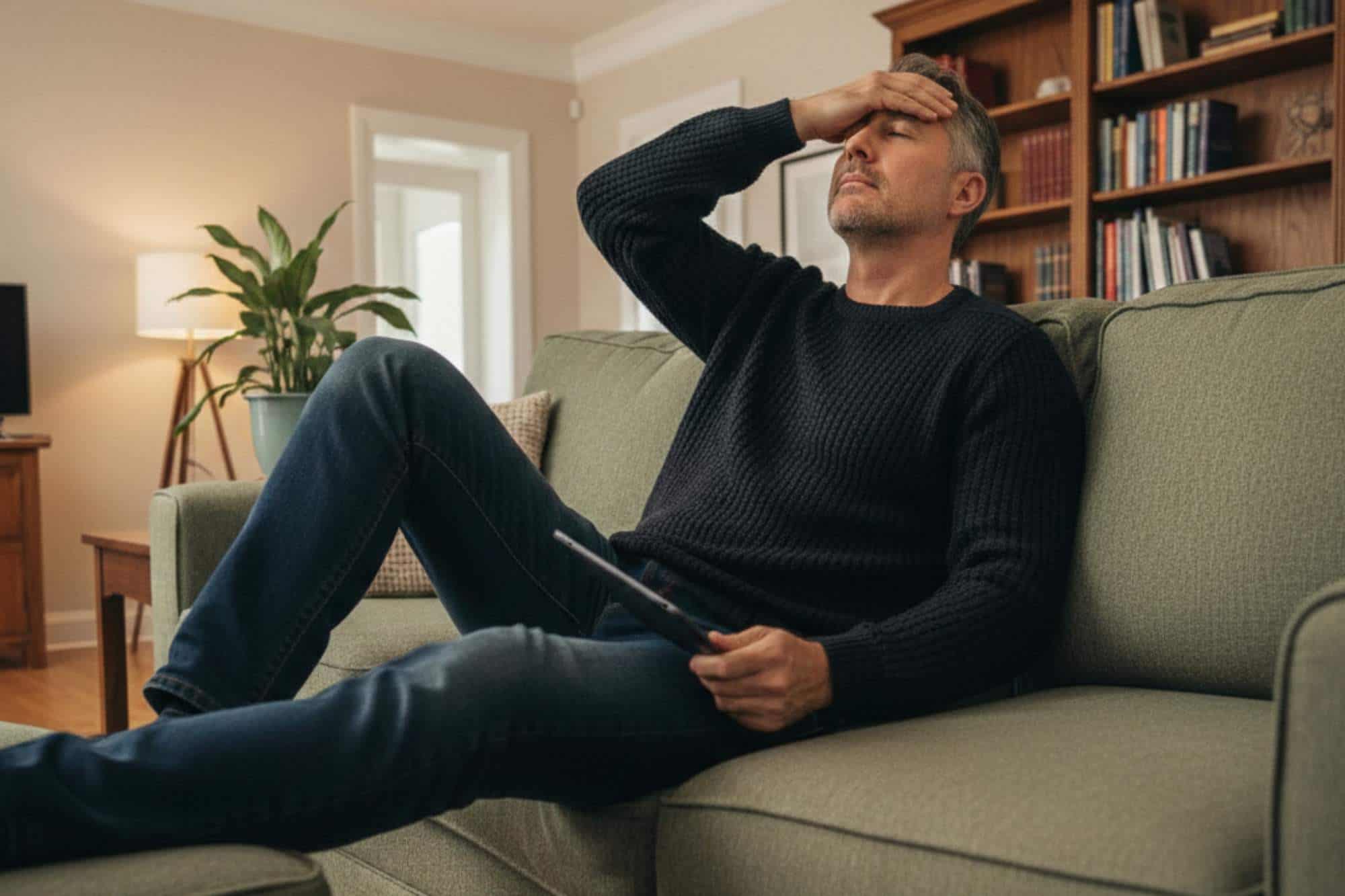 A man sitting on his couch experiencing dating app fatigue, lays back exhausted with his hand across his eyes.