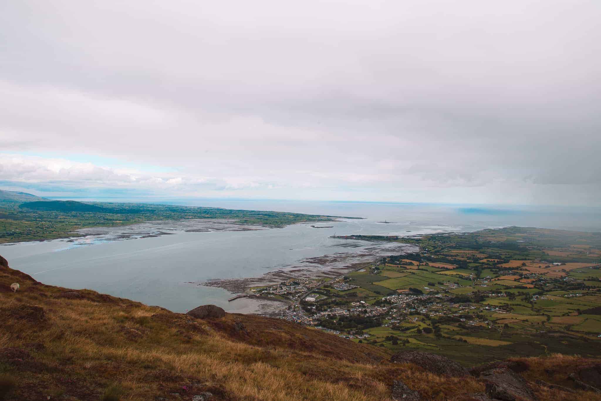 A panoramic view from a high vantage point overlooking Carlingford Lough and the Cooley Peninsula. The landscape features a mix of green fields, small towns, and the expansive waters of the lough, with a cloudy sky above.