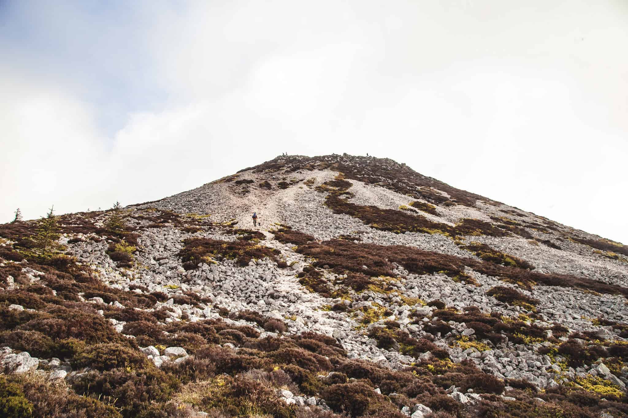A hiker is seen ascending the rocky trail leading to the peak of the Great Sugar Loaf Mountain. The landscape is scattered with patches of heather and boulders, with the summit appearing steep and rugged against the cloudy sky.