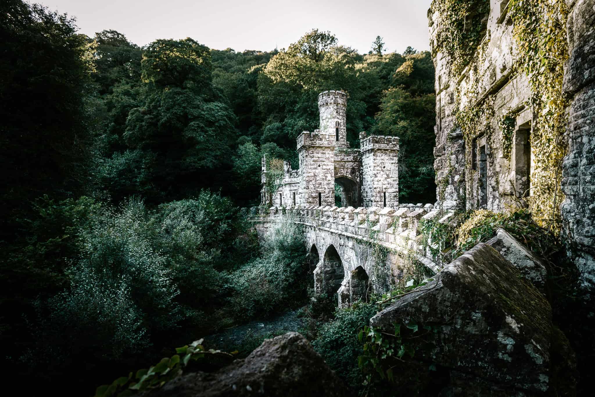 A medieval-style stone bridge with arched supports leads to a small stone castle tower surrounded by dense, lush green forest. The bridge's weathered stonework and ivy-covered walls evoke a sense of ancient history and mystery. The scene is bathed in soft, natural light, highlighting the contrast between the rugged structure and the vibrant greenery.