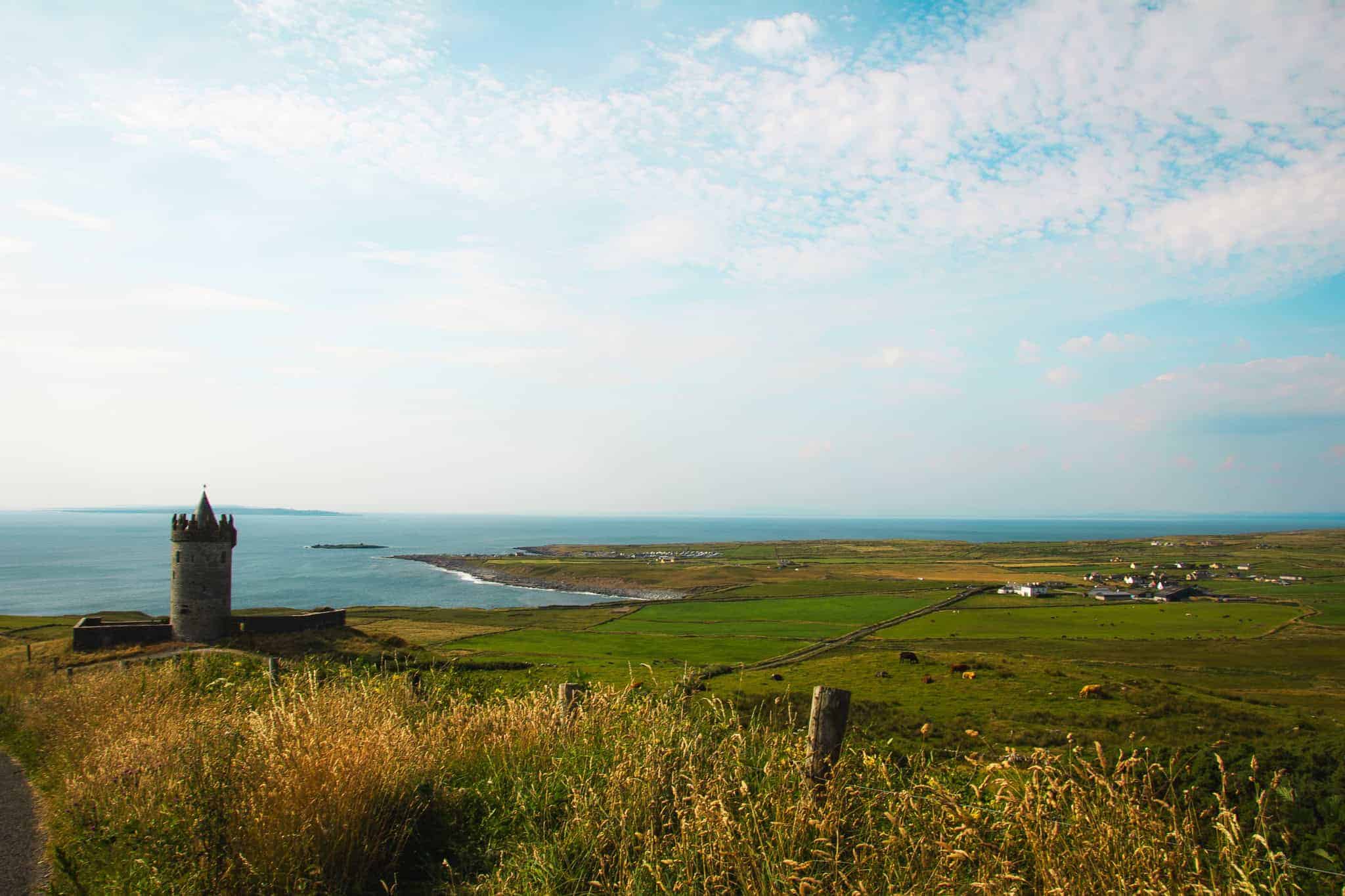 A scenic view of Doonagore Castle near Doolin, Ireland, overlooking rolling green fields and the Atlantic Ocean with a distant coastline under a partly cloudy sky.