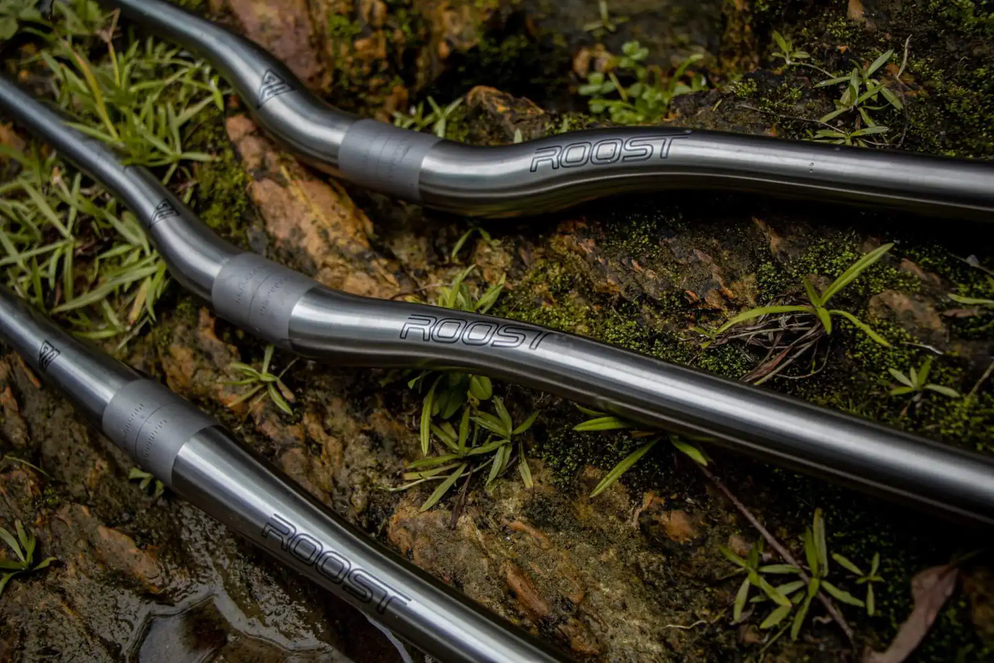 Roost titanium handlebars Roost logo close up