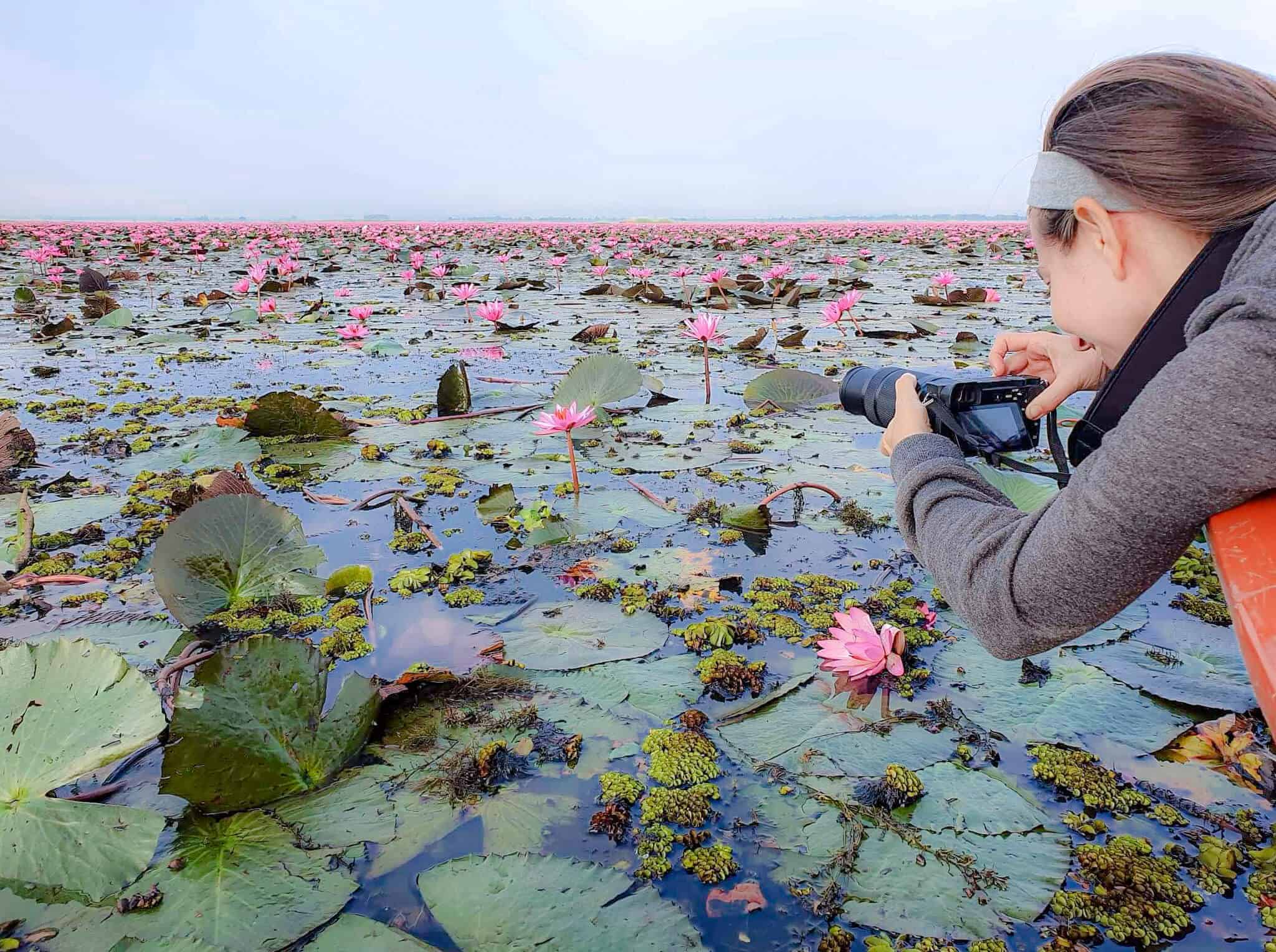 Barbara macht ein Foto von den Lotusblumen