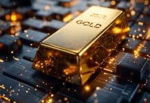 Goldbarren auf Schaltplatte– Symbol für digitale Störung mit Auswirkungen auf den Goldpreis
