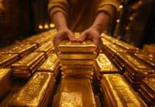 Hände bewegen gestapelte Goldbarren im Tresor – Symbol für Veränderungen der GLD-Bestände
