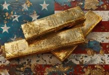 Goldbarren auf US-Flagge – Symbol für Goldpreis und Terminmarkt in den USA