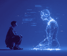 Um jovem agachado olha atentamente para uma figura humanoide digital brilhante, feita de luz, em um ambiente futurista predominantemente azul, sugerindo interação com IA.