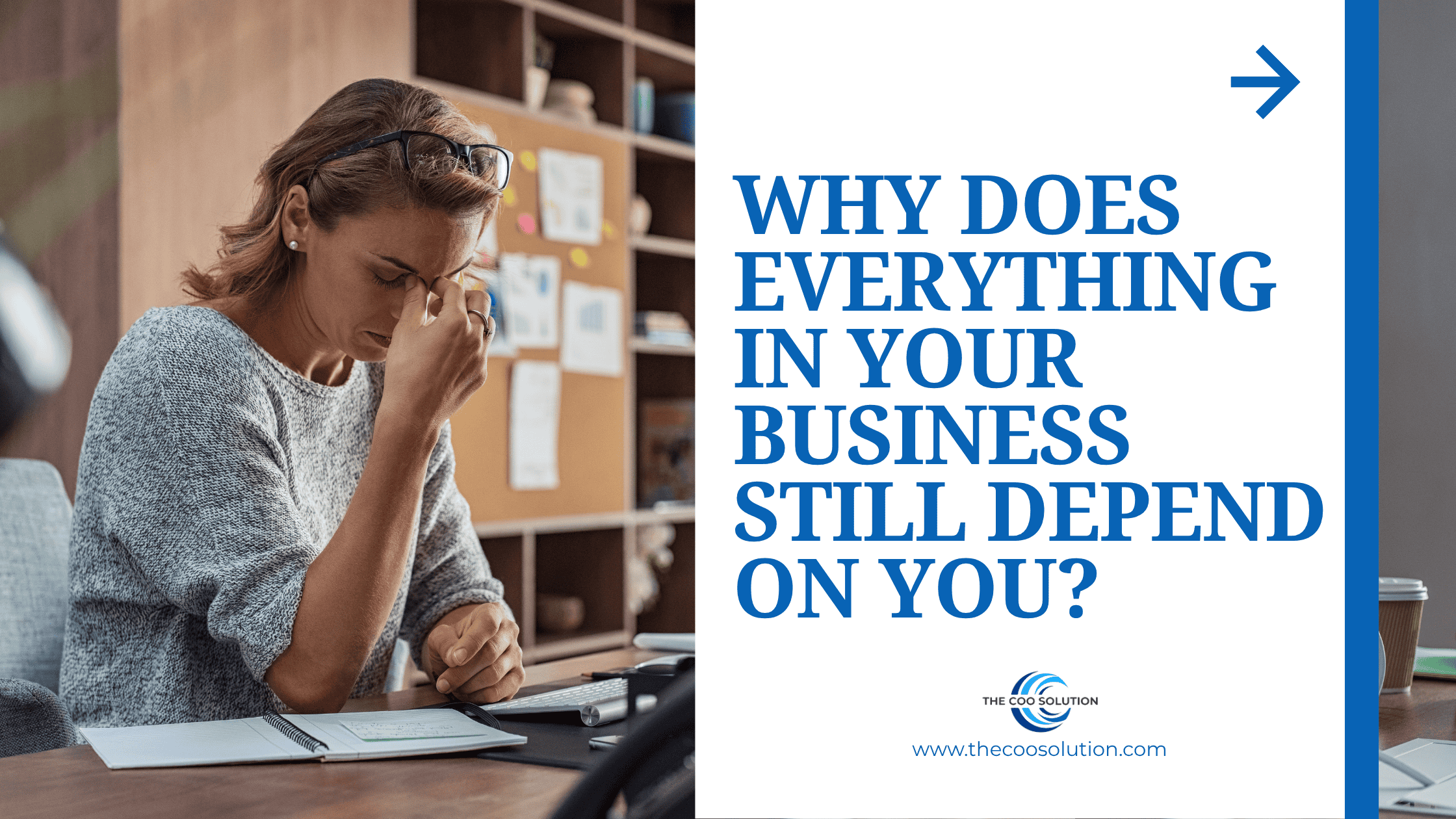 Founder sitting at desk overwhelmed by decisions routing through them — the founder bottleneck in a growing business.