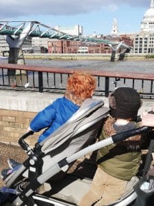 Liam and Santiago in the Joolz Geo in front of the Millenium Bridge