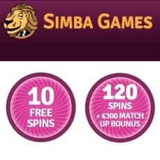 Simba Games 10 gratis spins + €300 casino bonus + 120 free spins