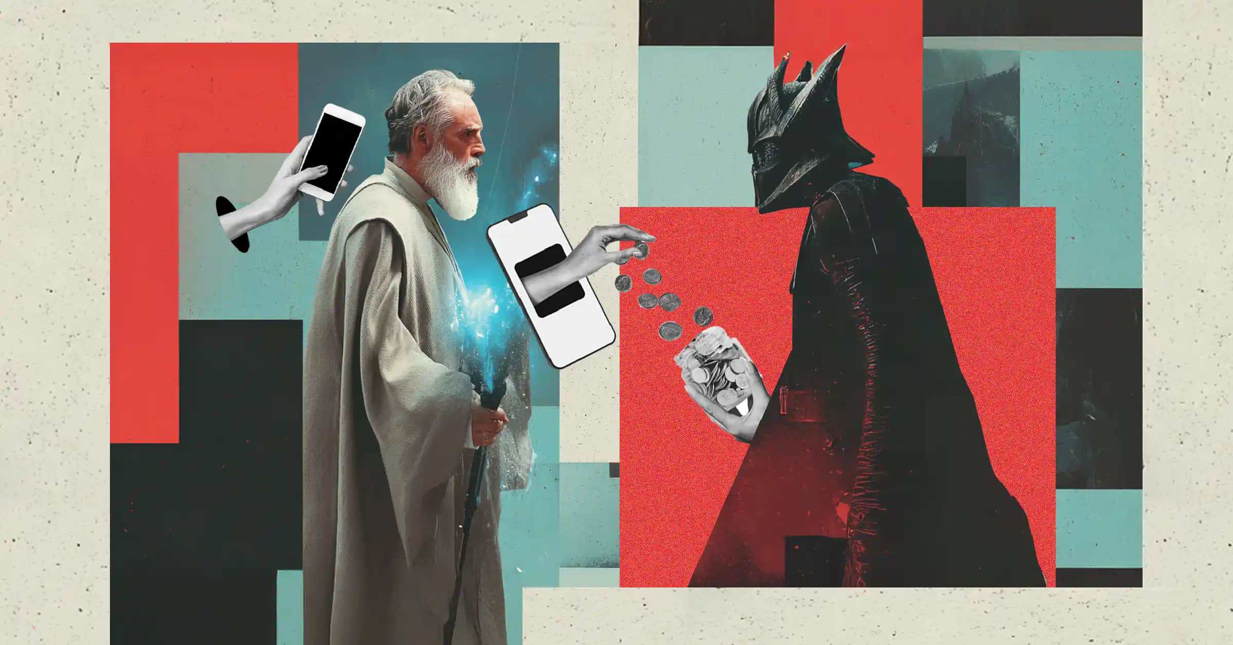 การนำเสนอแนวคิดของ 'Dark Patterns' ผ่านการเปรียบเทียบระหว่างพ่อมดชรา (Gandalf) กับตัวละครคล้าย Darth Vader โดยมีโทรศัพท์มือถือเป็นสื่อกลางและมือที่ยื่นออกมาเพื่อชี้นำ