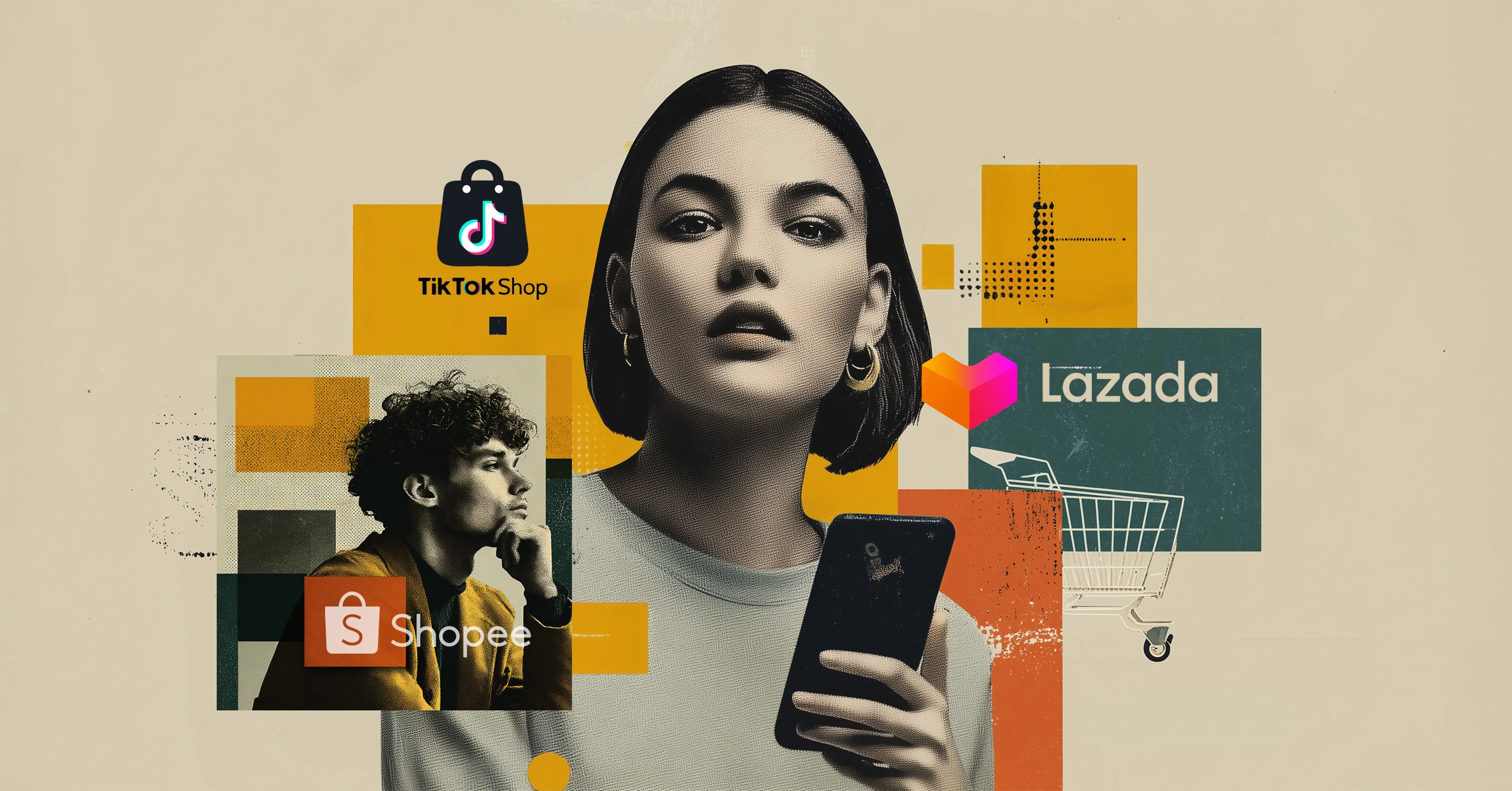 ภาพคอลลาจแสดงพฤติกรรมผู้บริโภคยุคโซเชียลคอมเมิร์ซ พร้อมโลโก้ Shopee Lazada TikTok