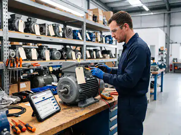 Maintenance technician testing a tagged, rebuilt electric motor with a multimeter, with eWorkOrders inventory on a tablet and shelves of tagged rotable motors behind him