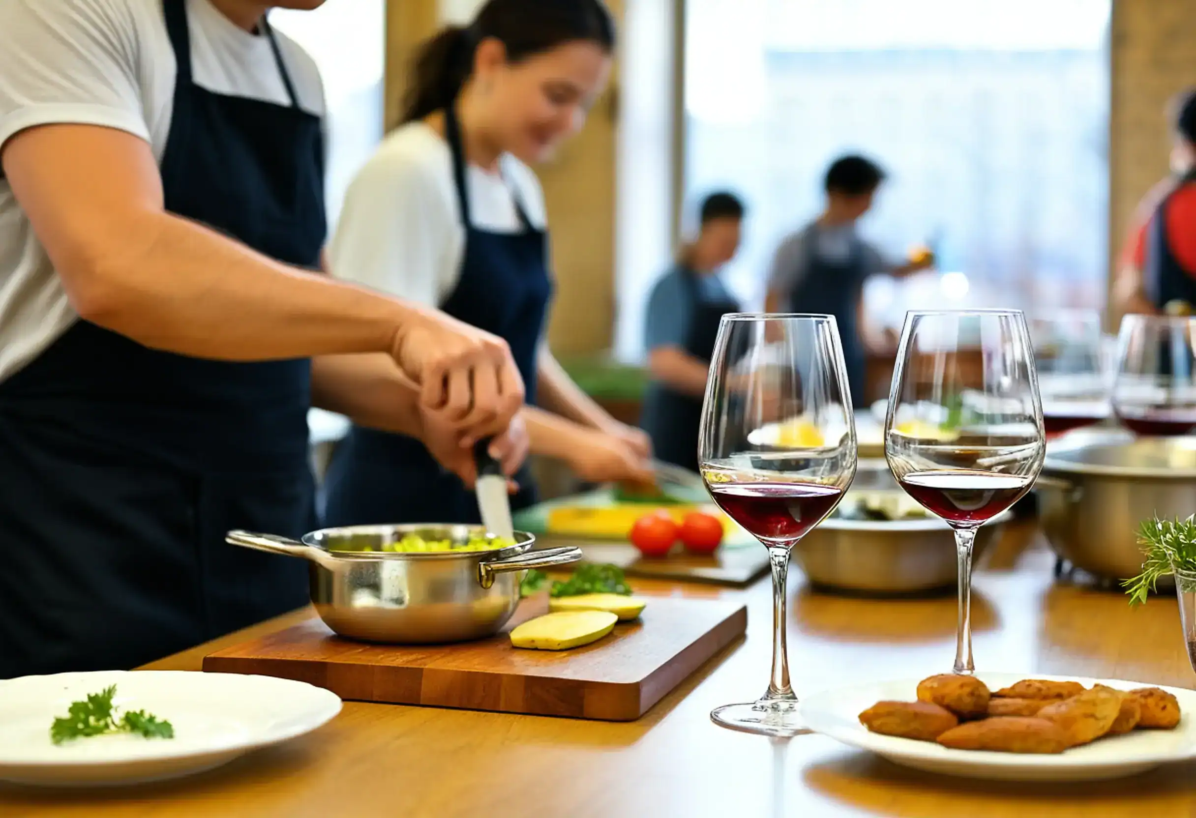 Guests preparing traditional Argentine dishes with wine at Pachamama Buenos Aires cooking class in Palermo.